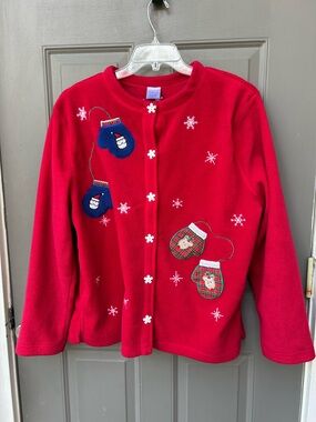 Holiday Red Fleece Cardigan with Mitten Appliques